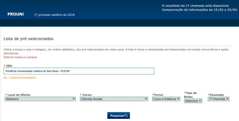 Resultado (Lista de Aprovados) na Primeira Chamada do Prouni 2018